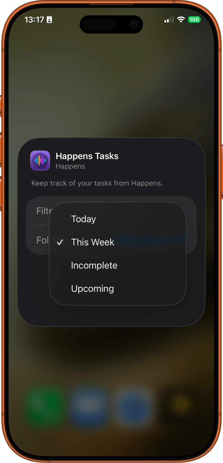 Widget filter options - Today, This Week, Incomplete, Upcoming